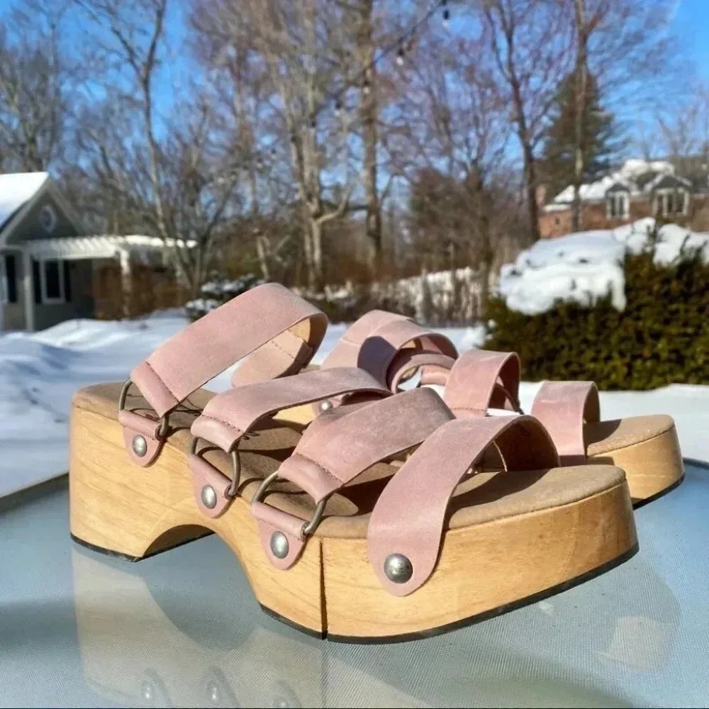New Free People Virgo Switchback Suede Platform Sandals Pink US 10